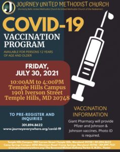 Covid-19 vaccination flyer. Colors: Green, Red, Gold. Has a white needle illustration. 